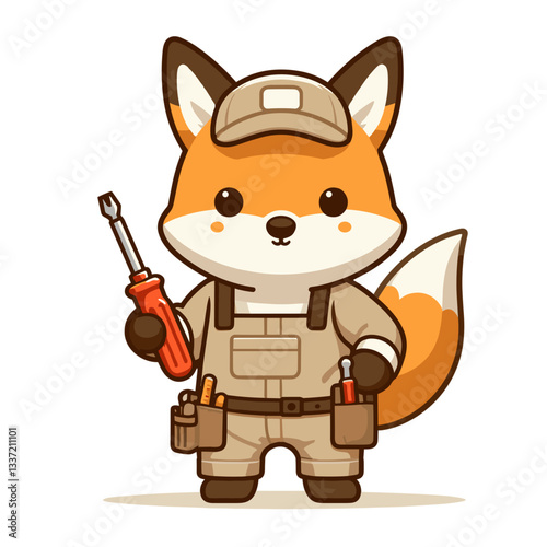Cartoon fox handyman with screwdriver in work uniform. Perfect for repair service branding or DIY tutorial illustration.