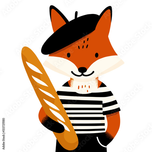 French fox character with beret, striped shirt and baguette. Perfect for culinary illustration or European cultural content.