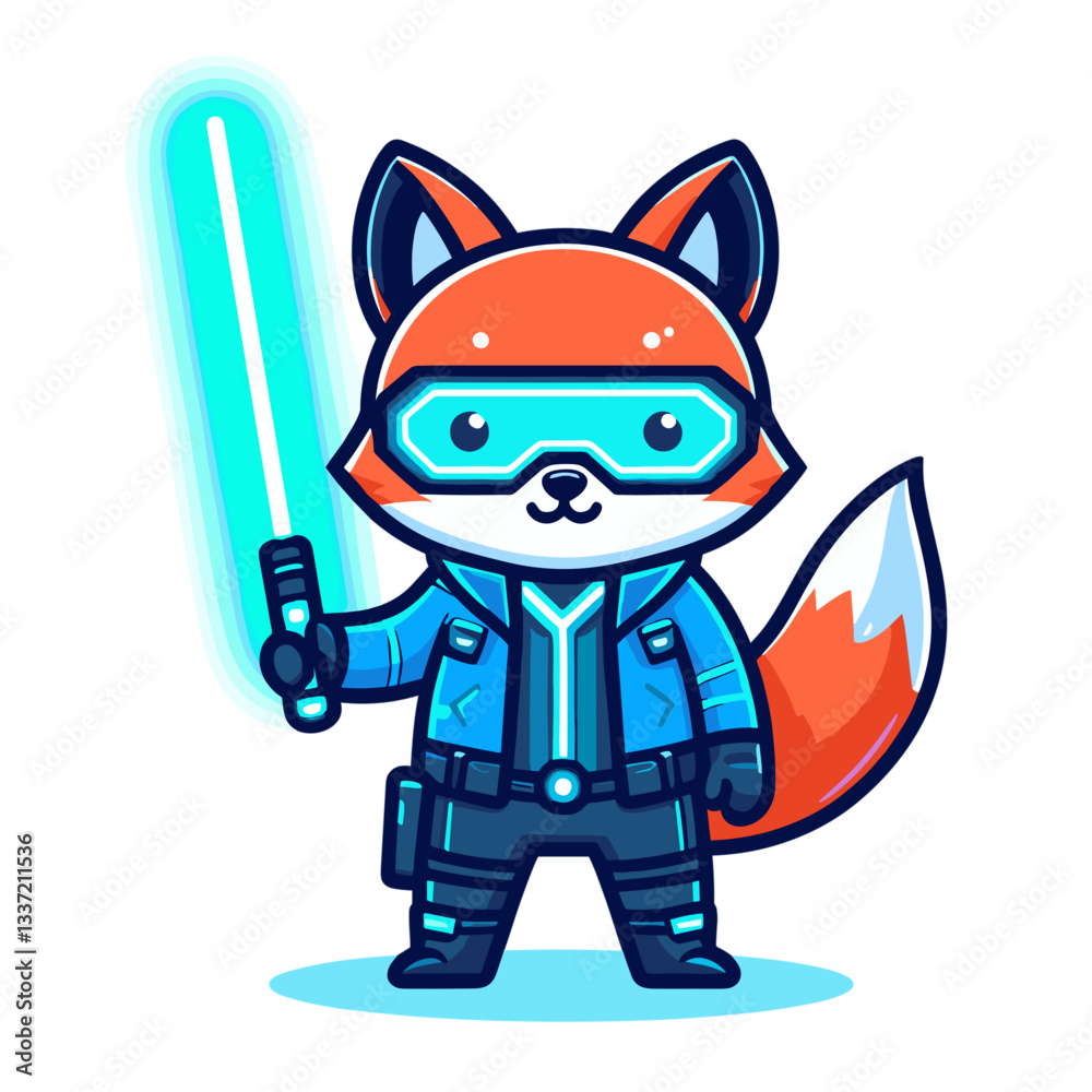 Vector cartoon fox as sci-fi character with light sword. Perfect for fantasy games, movie parodies, or cosmic adventure themes. Vector cartoon fox as sci-fi character with light sword. Perfect for fantasy games, movie parodies, or cosmic adventure themes.