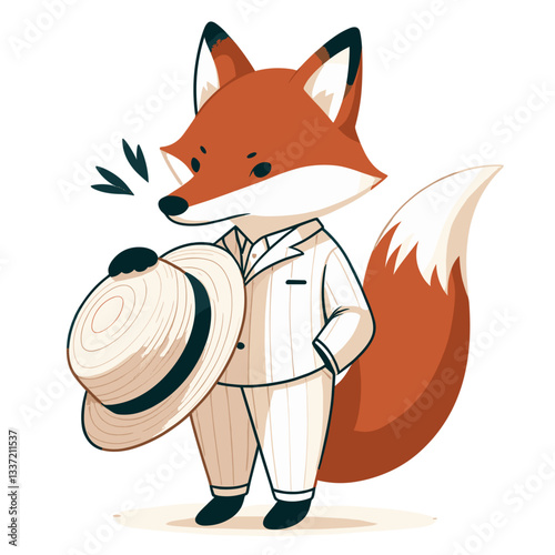 Vector cartoon fox in elegant white suit with straw hat. Perfect for summer fashion, luxury brands, or sophisticated event promotions.