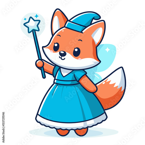Vector cartoon fox as fairy godmother with magic wand. Perfect for fantasy stories, children's books, or magical entertainment themes.