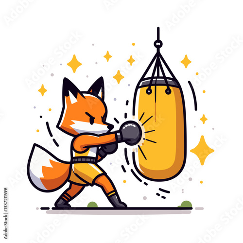 Vector cartoon fox boxer hitting golden punching bag. Perfect for sports motivation, training programs, or championship event promotions.