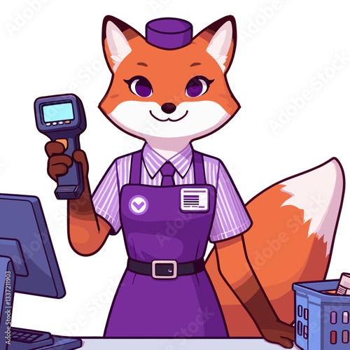 Female fox cashier scanning products in purple uniform. Perfect for retail business or customer service illustration.