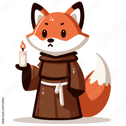 Monk fox in brown robe holding candle. Perfect for medieval historical content or spiritual themed illustration.