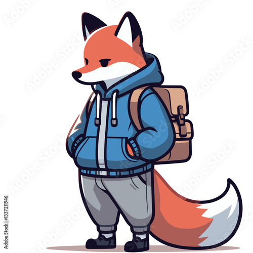 Student fox with backpack in blue jacket and gray pants. Perfect for educational content or back-to-school campaign illustration.