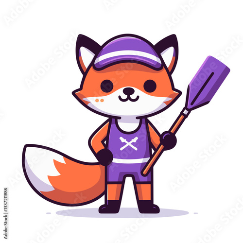 Athletic fox canoeist in purple uniform with paddle. Perfect for water sports promotion or summer activity illustration.