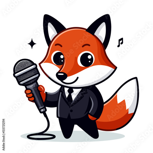 Cartoon fox singer in formal black suit with microphone. Perfect vector illustration for entertainment themes, music concepts, or performance character designs.