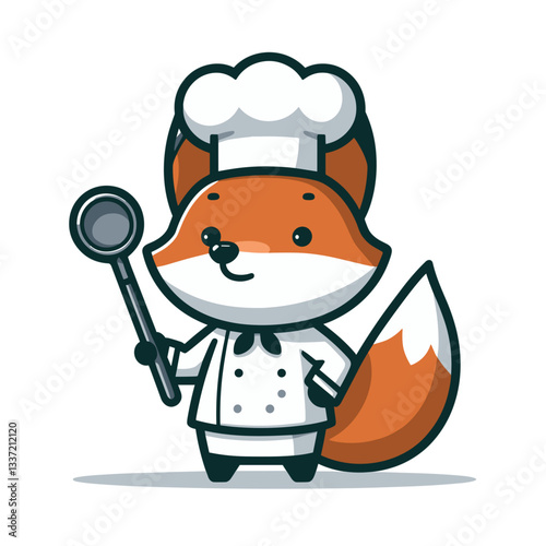 Cartoon fox chef in white uniform holding ladle. Perfect vector illustration for culinary themes, cooking concepts, or food service character designs.