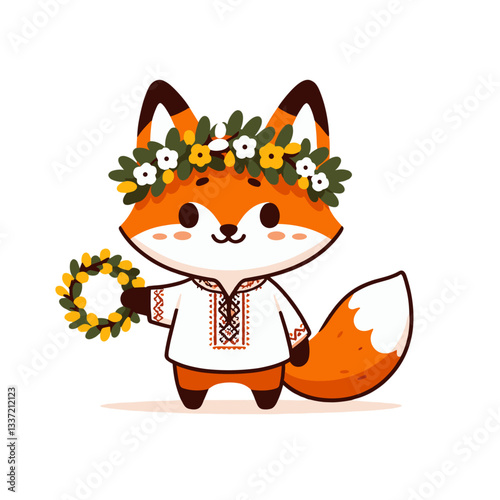 Cartoon fox in traditional Ukrainian embroidered shirt with flower wreath. Perfect vector illustration for cultural themes, folk festivals, or ethnic character designs.