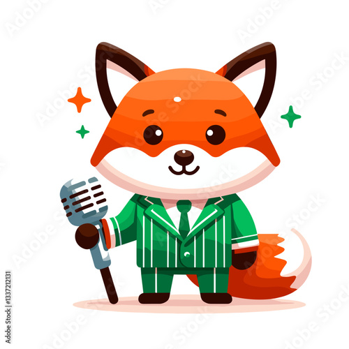 Vector cartoon fox in green striped suit with microphone. Perfect for entertainment shows, music performances, or podcast branding.