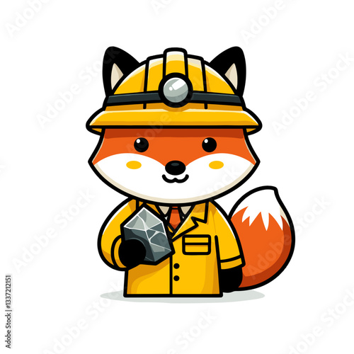 Vector cartoon fox as geologist in yellow safety helmet with rock. Perfect for mining industry, earth science education, or construction material businesses.