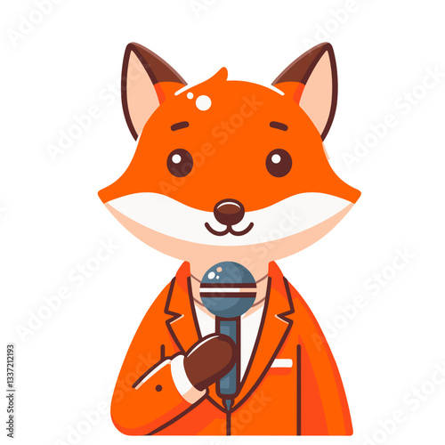 Vector cartoon fox in orange blazer with microphone. Perfect for news media, public speaking events, or podcast program branding.