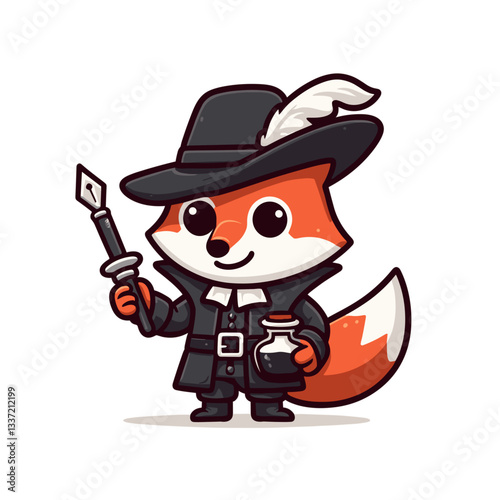 Vector cartoon fox as vintage writer with quill and inkwell. Perfect for literature themes, publishing services, or historical storytelling.