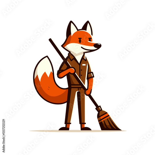 Janitor fox character in brown uniform holding broom. Vector illustration for cleaning services, facility maintenance, or professional housekeeping concepts.