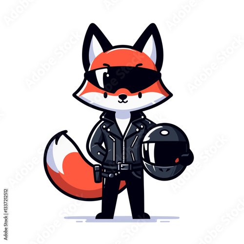 Vector cartoon fox biker in black leather jacket with motorcycle helmet. Ideal for motorcycle clubs, road trip adventures, or rebel lifestyle branding.