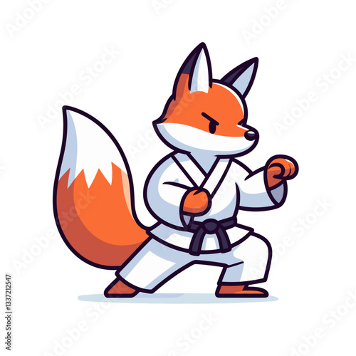 Vector cartoon fox in white karate uniform practicing punch. Ideal for martial arts schools, children's sports programs, or self-defense class promotions.