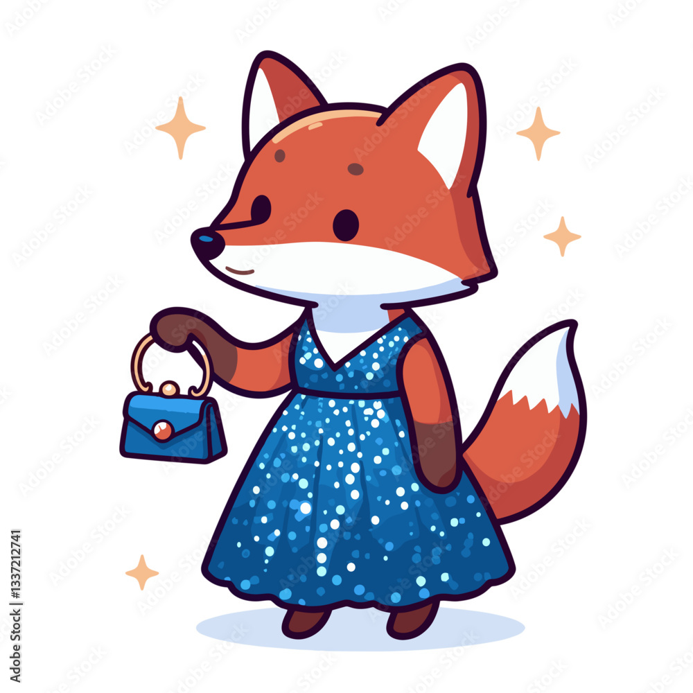 Obraz premium Glamorous fox lady in sparkling blue dress with handbag. Perfect for fashion event promotion or evening wear advertising.