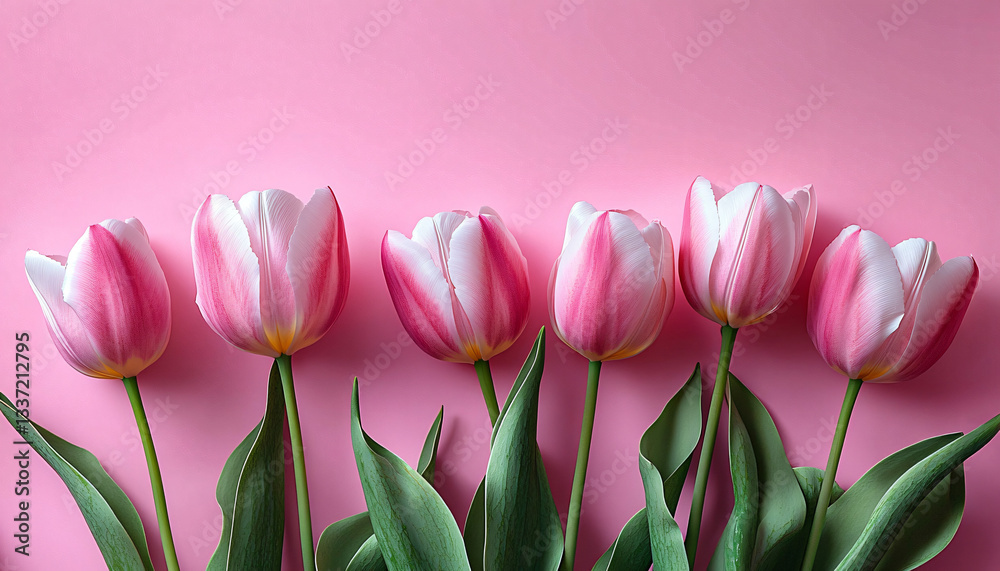 Fototapeta premium Delicate pink and white tulips on a soft pink background, ideal for springtime events, greeting cards, or serene decor, promoting freshness and tranquility.