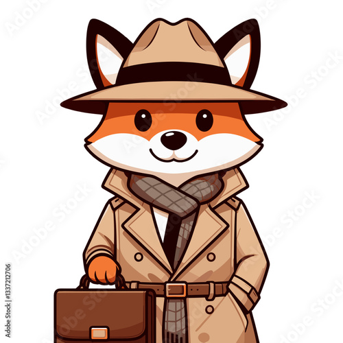 Detective fox in trench coat and hat with briefcase. Perfect for mystery novels or private investigator service illustration.