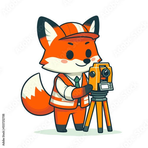 Professional fox surveyor with theodolite and safety vest. Perfect for land surveying services or engineering company branding.