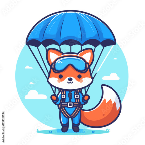 Cartoon fox parachutist in blue jumpsuit with parachute. Perfect vector illustration for extreme sports, adventure themes, or skydiving activity concepts.