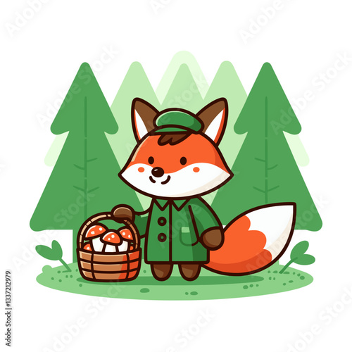 Vector cartoon fox in green outfit with mushroom basket in forest. Perfect for nature themes, foraging activities, or woodland adventure stories.