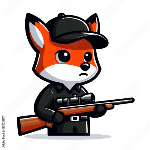 Hunter fox character in black outfit with rifle. Vector illustration for hunting sports, wildlife management, or precision shooting concepts.
