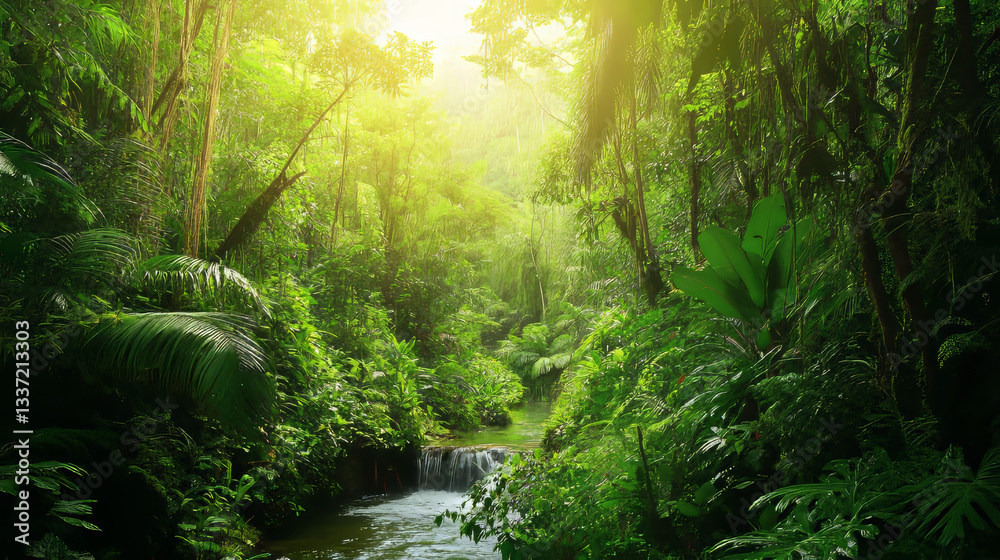 Fototapeta premium Tropical forest landscape with river. Vector cartoon illustration of jungle wood with exotic green plants, sunlight beams, liana vines on tree branches above blue water. Adventure game background