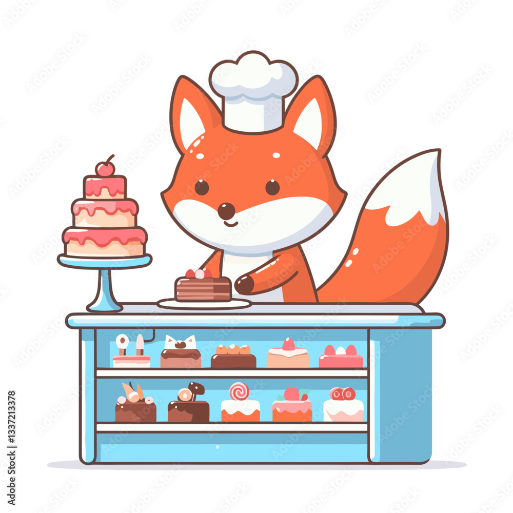 Naklejka premium Vector cartoon fox pastry chef with layered cake at dessert counter. Ideal for bakeries, confectionery shops, or sweet treats cooking shows for children.