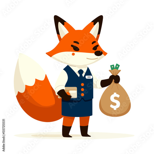 Vector cartoon fox banker in blue uniform holding money bag. Ideal for financial services, money management apps, or savings education for children.