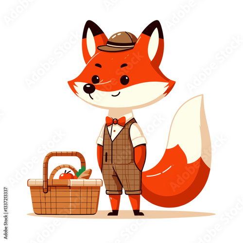 Vector cartoon fox in vintage outfit with picnic basket. Ideal for outdoor dining events, countryside getaways, or traditional food festival promotions.
