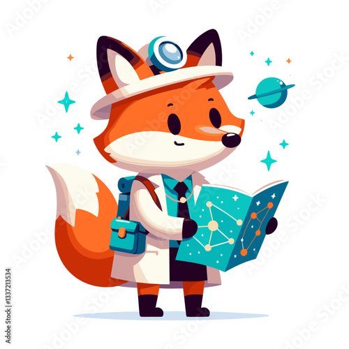 Curious fox astronomer with star map and space-themed hat. Perfect for educational planetarium content or astronomy camp illustration.