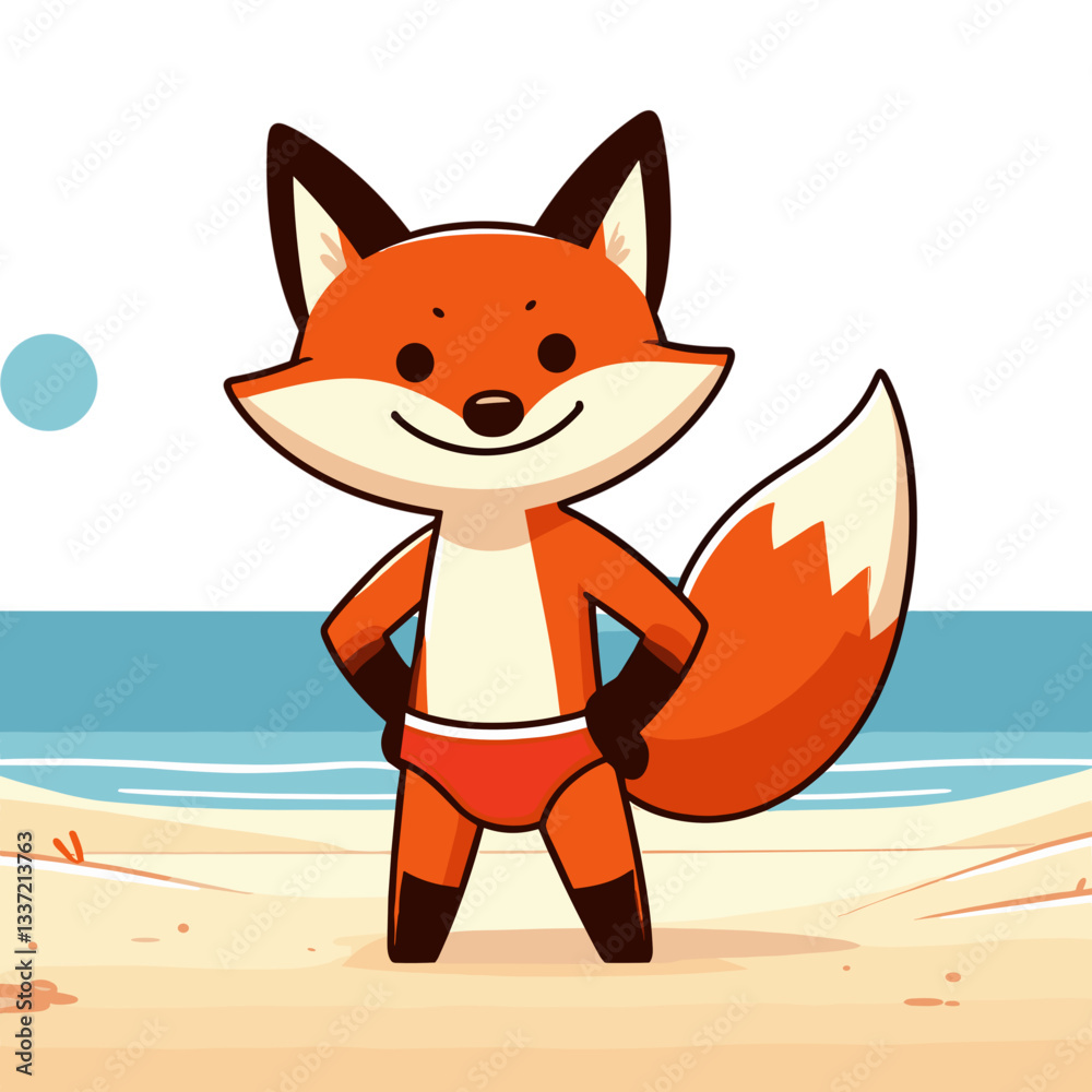 Obraz premium Cartoon fox in red swimming trunks at beach with ocean backdrop. Perfect vector illustration for summer vacation, beach activities, or coastal lifestyle concepts.