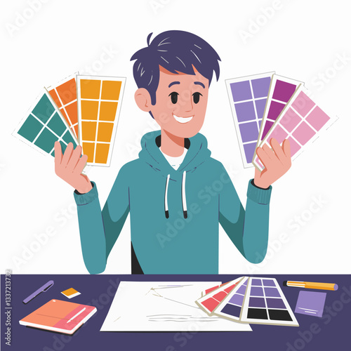 An employee with paint samples offers a color of choice to his client.