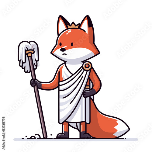 Cartoon fox in ancient Roman toga with staff. Perfect vector illustration for historical themes, classical antiquity concepts, or educational character designs.