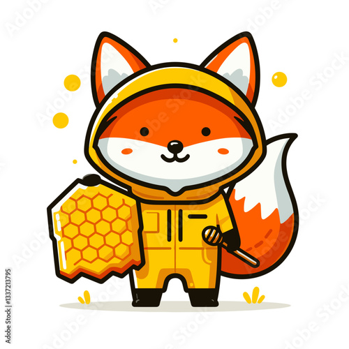 Cartoon fox beekeeper in yellow protective suit with honeycomb. Perfect vector illustration for honey production, apiculture themes, or natural farming concepts.