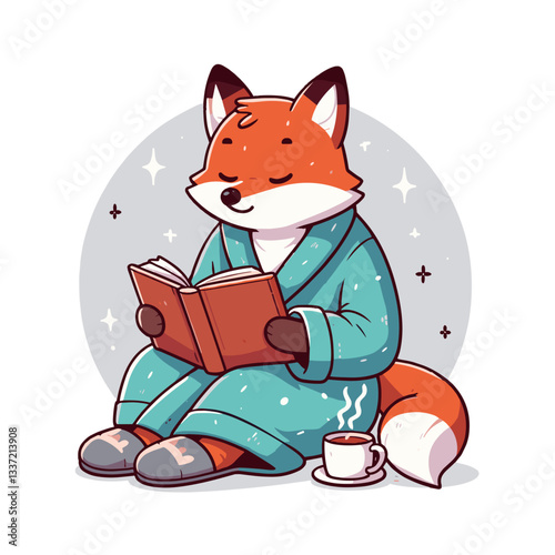 Vector cartoon fox in cozy pajamas reading book with tea cup. Perfect for relaxation themes, book clubs, or hygge lifestyle content.