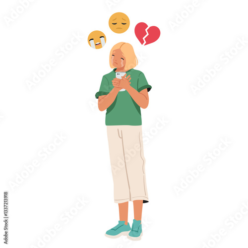 Teenage girl cartoon character crying feeling upset due to broken heart receiving offensive message