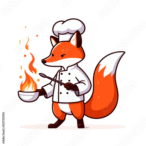 Vector cartoon fox chef cooking with flaming pan. Perfect for restaurant businesses, culinary schools, or food preparation demonstrations.