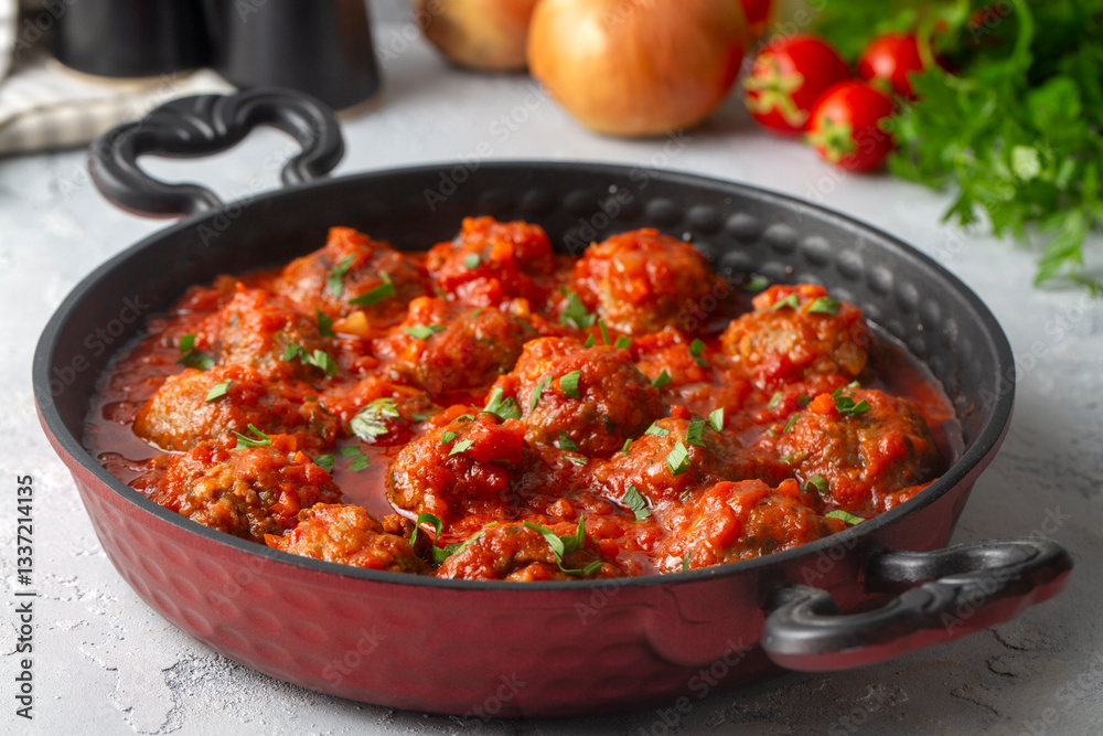 Delicious fresh meatballs in tomato sauce with salt, spices and herbs
