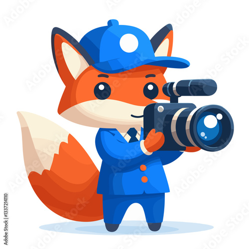 Professional videographer fox in blue uniform with camera. Vector illustration for video production services, media coverage, or documentary filmmaking concepts.