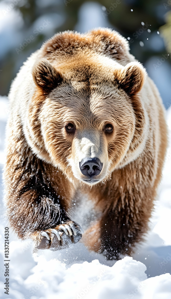 Obraz premium Grizzly bear walking in snowy landscape