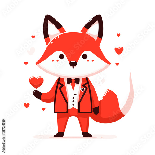 Romantic fox gentleman with hearts in red formal suit. Perfect for Valentine's Day greeting cards or wedding planning services.