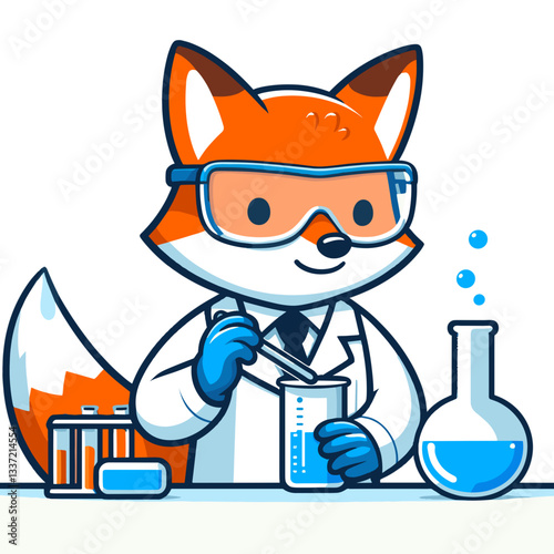 Scientific fox chemist with test tubes and blue liquid. Perfect for laboratory services or science education illustration.