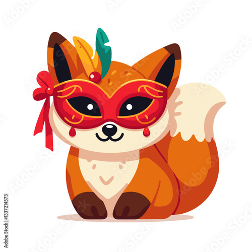 Festive fox with carnival mask in bright colors. Perfect for masquerade party or festival celebration illustration.