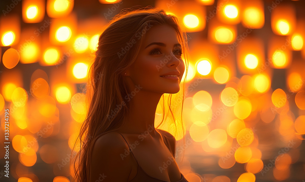Woman's profile silhouetted against a backdrop of warm, glowing lights. Peaceful, dreamy mood Woman's profile silhouetted against a backdrop of warm, glowing lights. Peaceful, dreamy mood