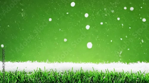Transition of Seasons Vibrant Green Grass Field Covered with Snowflakes, Creating Striking Contrast in Natures Winter Scene