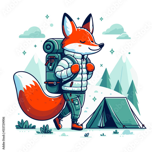 Vector cartoon fox as winter hiker with backpack and tent. Perfect for outdoor adventure, camping gear stores, or mountain tourism promotions.