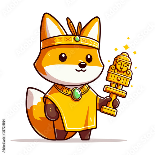 Vector cartoon fox in golden Egyptian costume with pharaoh statue. Perfect for history themes, museum exhibitions, or ancient civilization educational material.