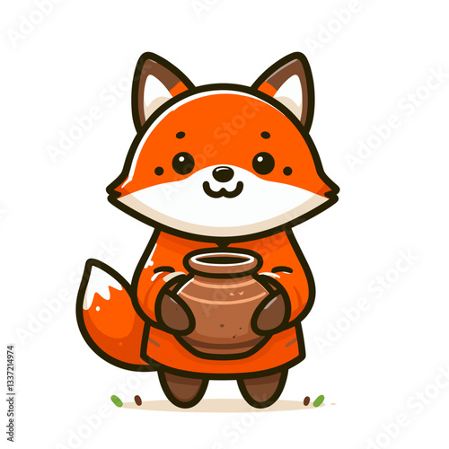 Vector cartoon fox holding clay pottery vase. Perfect for ceramic workshops, handicraft stores, or traditional artisan marketplaces.
